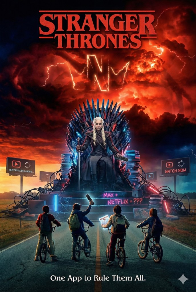 A parody artwork featuring a character on a throne, surrounded by technology and screens with streaming service logos, referencing popular series with a dramatic backdrop.