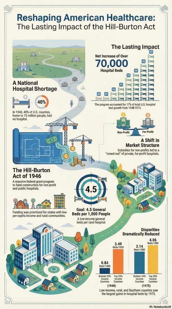 Infographic illustrating the impact of the Hill-Burton Act of 1946 on American healthcare, highlighting the increase of over 70,000 hospital beds, addressing national hospital shortages, and showing disparities in hospital access over time.