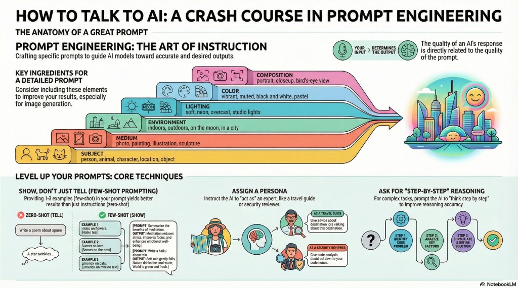 
Colorful infographic titled ‘How to Talk to AI: A Crash Course in Prompt Engineering.’ It shows how detailed prompts improve AI output: choose subject, medium, environment, lighting, color, and composition, then ‘level up’ with techniques like giving examples (few-shot prompting), assigning the AI a persona (e.g., travel guide or security reviewer), and asking for step-by-step reasoning. Illustrated with icons, cartoon characters, and a bright futuristic city.