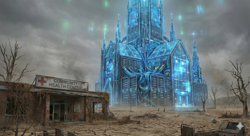 A futuristic, high-tech medical building towers above a dilapidated Community Health Center, set against a desolate landscape with dry earth and barren trees.